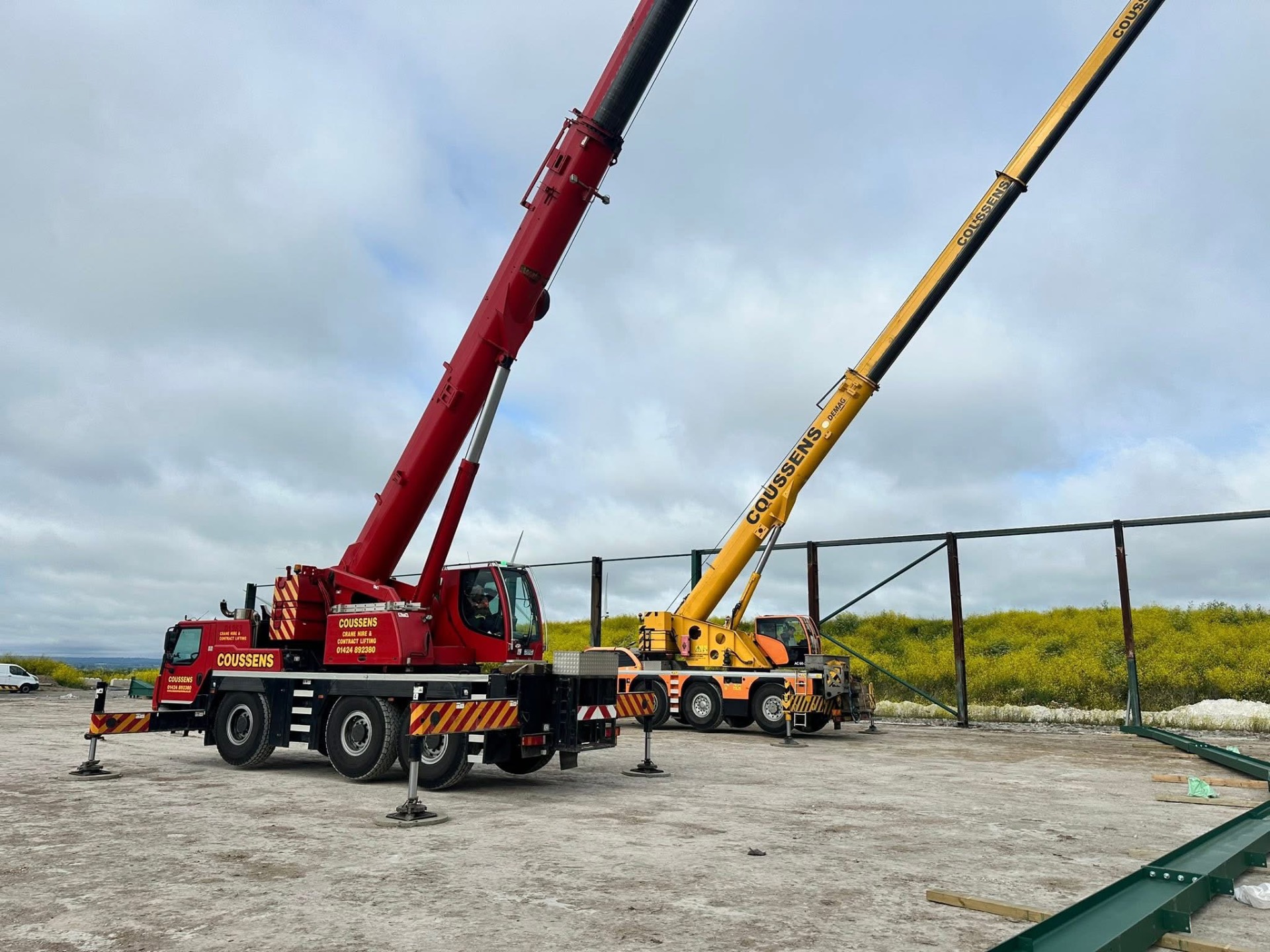 Two Coussens mobile cranes rigged for a tandem lift