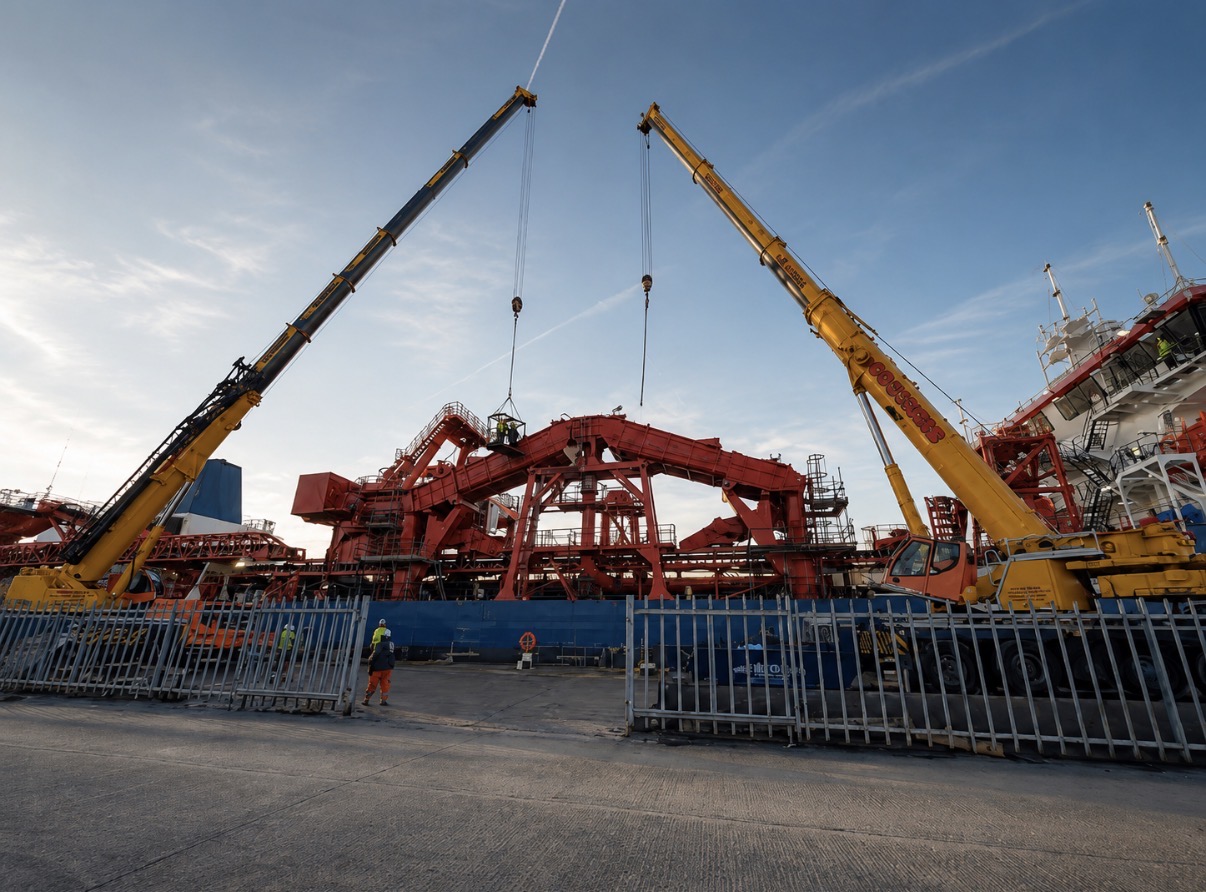 Tandem mobile crane operation on the quayside